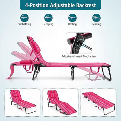 GYMAX Tanning Chair, Folding Lounge Chairs with Face Hole & Cover, Removable Pillow Carry Handle, Portable Compact Outdoor Layout Recliner for Beach, Poolside, Lawn, Patio, Camping (Pink Stripe,1)