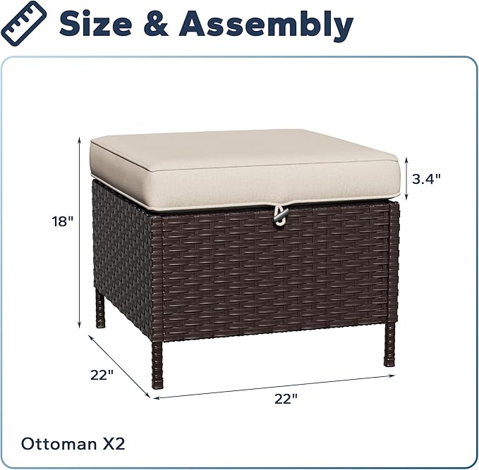 Outdoor Ottomans with Weather-Resistant Cushions, PE Rattan Patio Conversation Set for Backyard, Deck, Porch - Photo 2