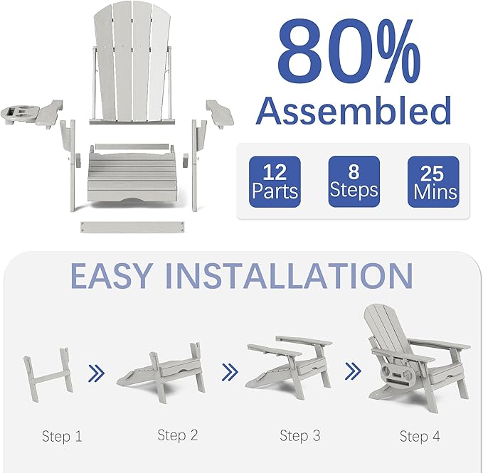 FOOWIN Adirondack Chair with Retractable Ottoman,HDPE Folding Adjustable Adirondack Chair w/4 in 1 Cup Holder Trays,All-Weather Resistant Fire Pit Chair for Outdoor Patio Lawn Set of 6