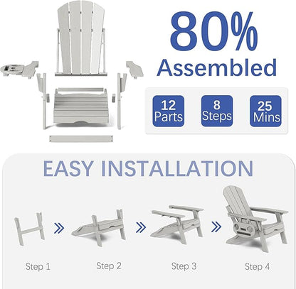 FOOWIN Adirondack Chair with Retractable Ottoman,HDPE Folding Adjustable Adirondack Chair w/4 in 1 Cup Holder Trays,All-Weather Resistant Fire Pit Chair for Outdoor Patio Lawn Set of 6