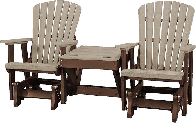 DutchCrafters Slat Fan Back Double Poly Adirondack Glider Outdoor Patio Chairs with Center Table (Tudor Brown & Weatherwood)