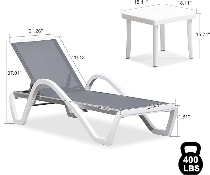 PURPLE LEAF Patio Chaise Lounge Chair Set of 3 Outside Aluminum Plastic Stackable Tanning Chairs with Armrests and Side Table for Pool Sunbathing Beach Deck Outdoor Lounger, Light Grey