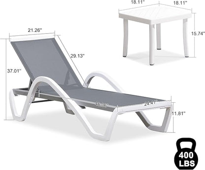PURPLE LEAF Patio Chaise Lounge Chair Set of 3 Outside Aluminum Plastic Stackable Tanning Chairs with Armrests and Side Table for Pool Sunbathing Beach Deck Outdoor Lounger, Light Grey