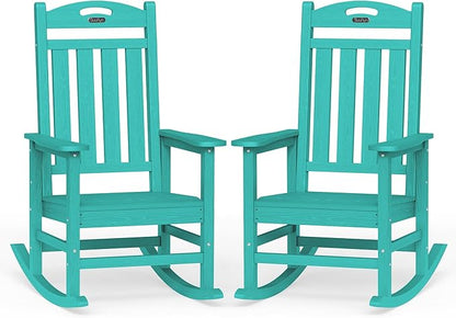 Oversized Outdoor Rocking Chair Set of 2, HDPE All-Weather Patio Rocking Chairs, High Back Outdoor Rocker for Porch, Patio, Lake Blue