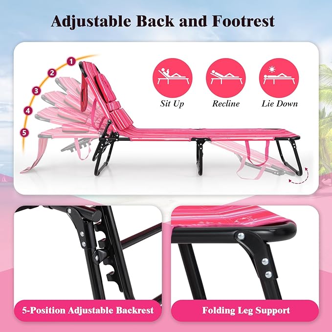 Giantex Tanning Chair, 350lbs Adjustable Patio Lounge Chair w/Face Hole, Removable Pillows, Carry Strap, Folding, Outdoor Chaise Lounge for Layout Beach Poolside Lawn (1, Stripe Pink)