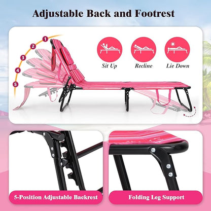 Giantex Tanning Chair, 350lbs Adjustable Patio Lounge Chair w/Face Hole, Removable Pillows, Carry Strap, Folding, Outdoor Chaise Lounge for Layout Beach Poolside Lawn (1, Stripe Pink)
