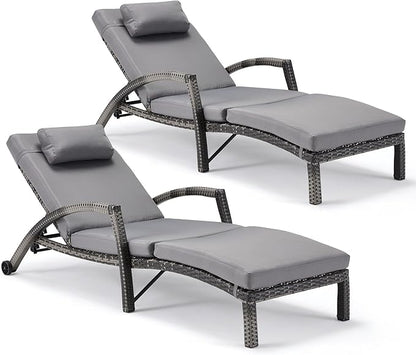 HOMREST Chaise Lounge Chairs Set of 2, PE Rattan Wicker Patio Lounge Chair with Adjustable 5 Position, Arm and Wheels for Poolside Backyard Deck Porch,Grey