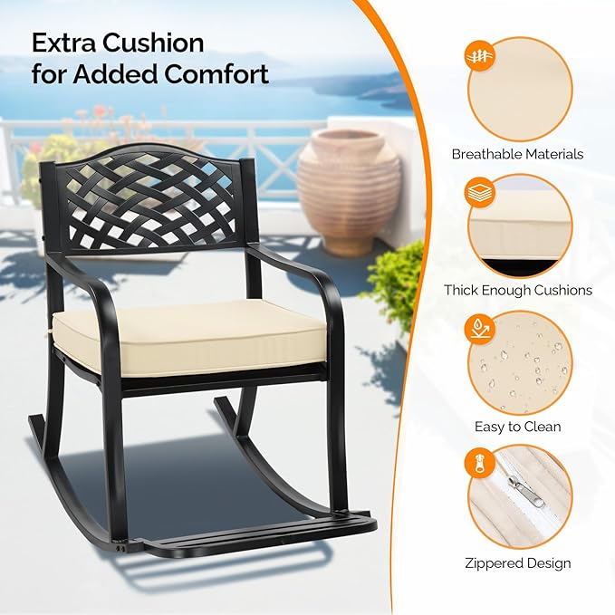 VINGLI Metal Rocking Chair, Outdoor Rocking Bench with Cushion, Patio Rocker with Footrest, Weatherproof Rocking Chair for Outside, Patio, Garden, Hole Backrest