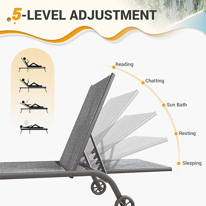 UDPATIO Aluminum Lounge Chair Set of 3 Outdoor Chaise Lounger Poolside Lounge Chairs 5 Adjustable Position Backrest Pool Lounger with Wheels Side Table for Patio Pool Patio (Grey)