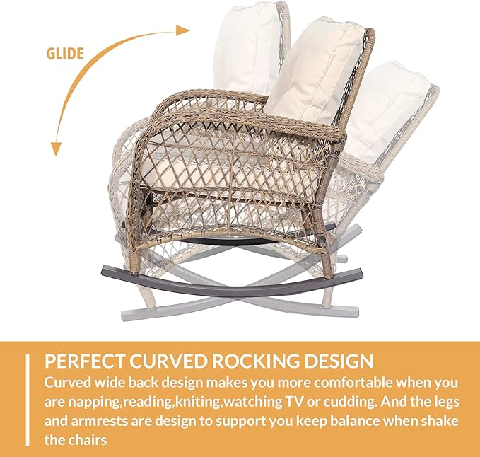 Outdoor Wicker Rocking Chair with Thickened Cushions, All-Weather Rattan Patio Rocking Chairs - Photo 3