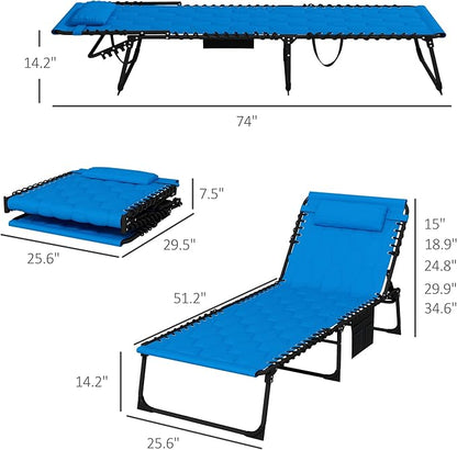 Outsunny Padded Folding Chaise Lounge Chair Outdoor Set of 2, 5-Level Reclining Patio Loungers, Tanning Chairs with Side Pocket, Headrest and Carrying Handle for Beach, Yard, Patio, Blue