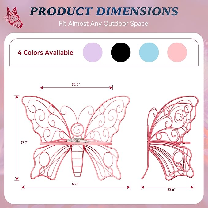 49 Inch Outdoor Bench, Pink Garden Bench with Metal Frame, Weatherproof Butterfly Front Porch Benches for Lawn, Garden, Yard, Balcony