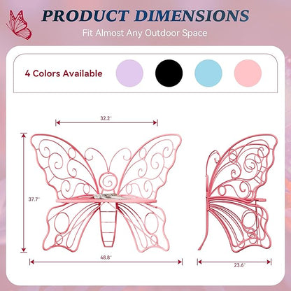 49 Inch Outdoor Bench, Pink Garden Bench with Metal Frame, Weatherproof Butterfly Front Porch Benches for Lawn, Garden, Yard, Balcony