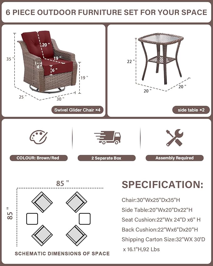 Belord Luxury 6-inch Thick Cushion Patio Furniture Set - Outdoor Swivel Rocker Glider Chairs Set of 4 with Glass Top - Photo 2