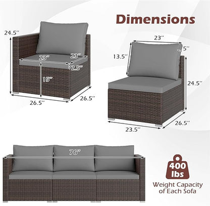 Tangkula 3 Seat Outdoor Wicker Sofa Set, Modular PE Rattan Patio Cushioned Sectional Couch Set, Outside Furniture Set for Deck, Backyard, Porch, Garden & Poolside (Brown-Grey)
