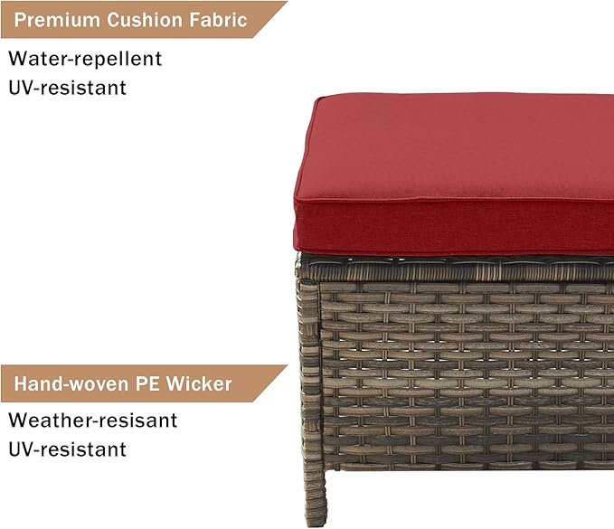 HUMMUH Outdoor Furniture 5 Pieces Patio Furniture Set Wicker Outdoor Sectional Sofa with 2 Patio Chairs,Ottomans(Grey/Red)