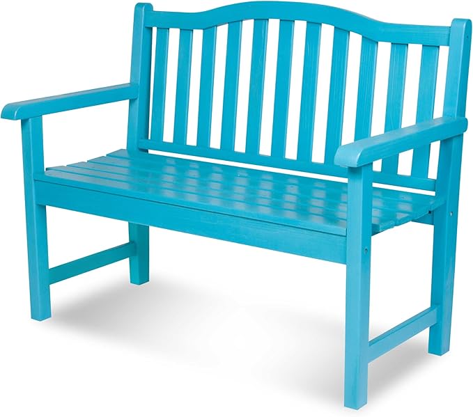 Shine Company Belfort Outdoor Solid Wood Patio Garden Bench, Ergonomic Seat, 22" D x 44.75" W x 36" H, Aqua