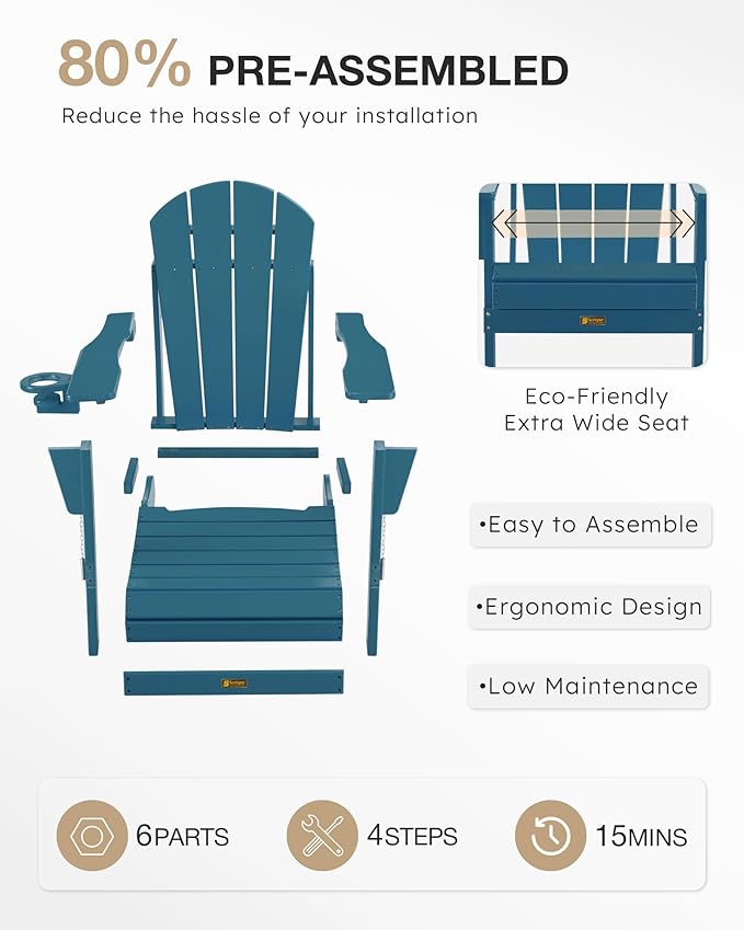 Folding Adirondack Chair Wood Texture, Patio Chairs Weather Resistant, Outdoor Chair, Lawn Chair with Cup Holder, Fire Pit Chair for Deck, Outdoor, Porch, Backyard (Navy Blue)