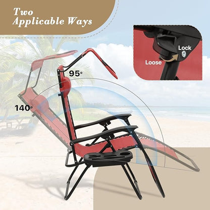 Athena Collection Patio Chairs Set of 2 Reclining Lounge Chair with Cup Holder and Pillow Fabric Camping Chairs with Canopy Foldable Beach Chairs for Garden, Park, Deck, Yard, Poolside, Maroon