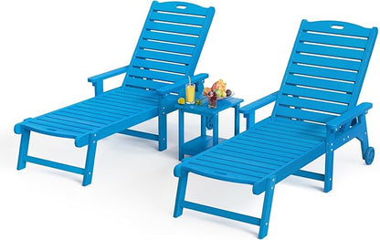 LUE BONA HDPS Chaise Lounge Chairs Set with Table, 3-Piece, Outdoor Pool Lounge Chair with Adjustable Backrest, Resin Patio Lounge Chairs with Wheels for Outside, Poolside, Blue