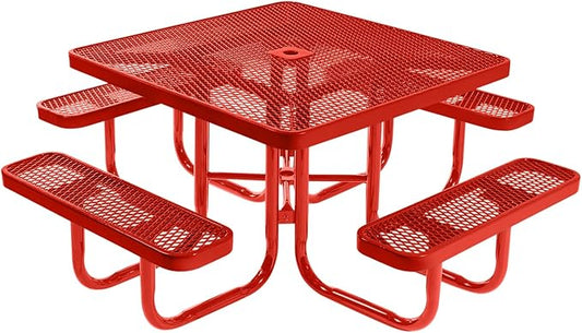 COATEDOUTDOORFURNITURE Heavy-Duty Portable Outdoor Picnic Table with Umbrella Hole, Expanded Metal Commercial-Grade Patio Furniture Made in America (46" Square Top, Red with Red Frames)
