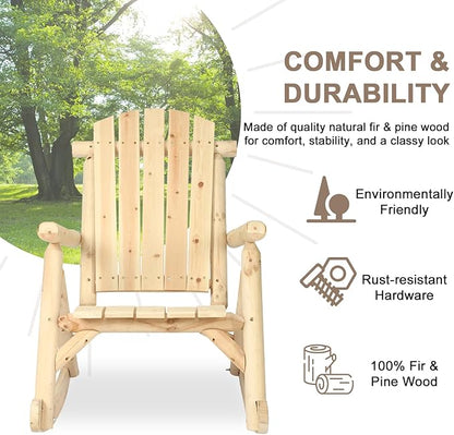 Outdoor Wooden Rocking Chair, Patio Rustic Adirondack Porch Rocker, All Weather Solid Wood Log Rocker Chair with High Back & Slatted Seat for Indoor, Deck, Backyard, Garden, Natural