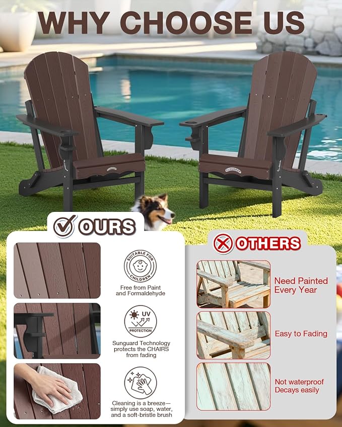 Folding Adirondack Chair –Recyclable HDPE Outdoor Adirondack Patio Chair with Cup Holder, Wood Texture & Umbrella Hole - Photo 7