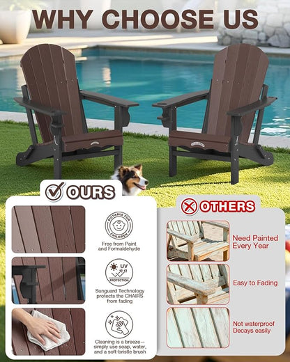 Folding Adirondack Chair –Recyclable HDPE Outdoor Adirondack Patio Chair with Cup Holder, Wood Texture & Umbrella Hole, 25-Year Fade-Free All Weather for Fire Pit, Porch, Poolside, Deck, Brown & Black
