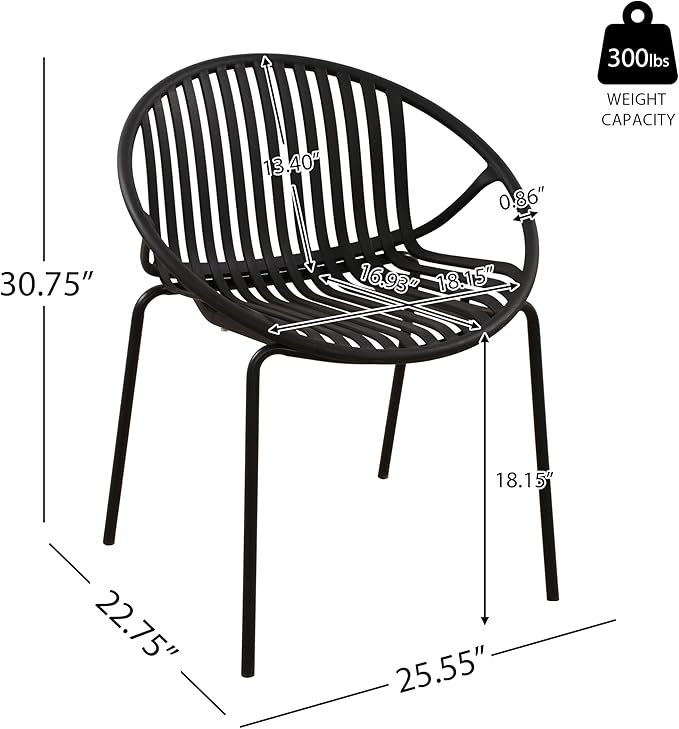 Christopher Knight Home Set of 2 Tita Modern Patio Outdoor Dining Chairs, Stacking Chair, Outside Dinner, Garden/Balcony/Poolside Stackable Accent Chairs, Metal Legs, Plastic Cutout Backrest, Black