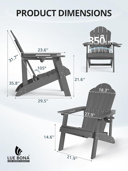 LUE BONA Matte HDPE Adirondack Chairs Set of 8 - Weather Resistant Outdoor Seating with Cup Holder, Ideal for Urban Patio, Deck, Fire Pit, Cafe & Commercial Space, Dark Gray