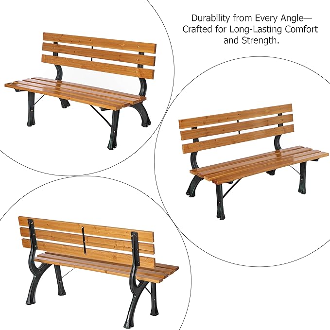 Gardenised Park Bench with Wooden Slats Seat and Backrest for 2 Persons Featuring Iron Frame and Legs - Perfect for Yard Patio Garden Balcony Deck Porch Playground and All Other Outdoor Spaces