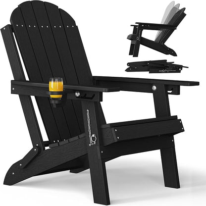 YEFU Folding Adirondack Chair for Outdoor: Plastic Foldable Fire Pit Chair with Cup Holders & Adjustable Backrest - Sturdy All-Weather HDPE for Outside Patio Poolside - Easy Assembly(Black)