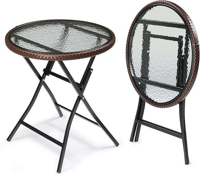 VINGLI 23.6in Modern Brown Rattan Folding Glass Outdoor Side Table, Small Patio Table with Tempered Glass Top,Round,1 Pack