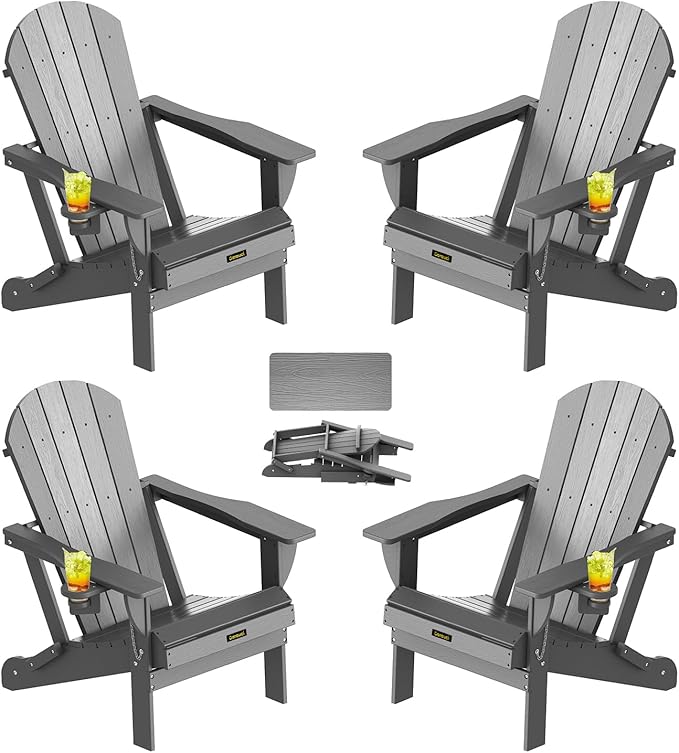Plastic HDPE Adirondack Chair,Set of 4,Folding Adirondack Chair Weather Resistant with Cup Holder, Wooden Textured Fire Pit Outdoor Chair for Garden, Porch, Lawn, Backyard, Supports 380LBS, Grey