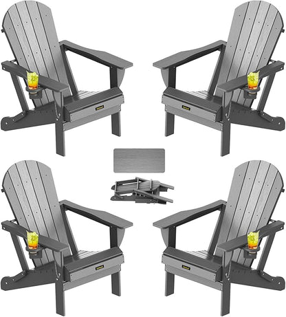 Plastic HDPE Adirondack Chair,Set of 4,Folding Adirondack Chair Weather Resistant with Cup Holder, Wooden Textured Fire Pit Outdoor Chair for Garden, Porch, Lawn, Backyard, Supports 380LBS, Grey