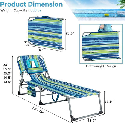 GYMAX Tanning Chair, Folding Beach Lounger with Face Arm Hole, Adjustable Backrest, Side Pocket & Carry Handle, Outside Sunbathing Lounge Chair for Patio, Poolside, Lawn (1, Blue Stripe)