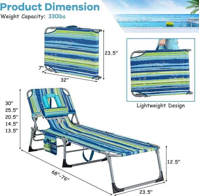 GYMAX Tanning Chair, Folding Beach Lounger with Face Arm Hole, Adjustable Backrest, Side Pocket & Carry Handle, Outside Sunbathing Lounge Chair for Patio, Poolside, Lawn (2, Blue Stripe)