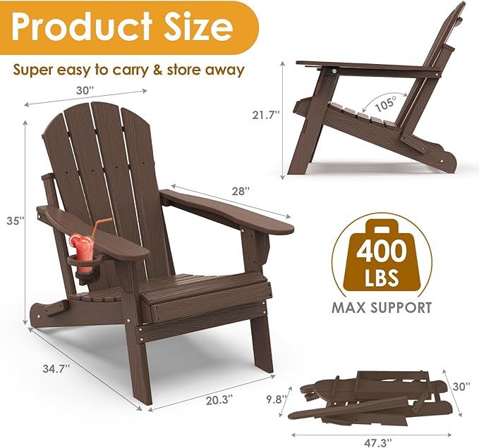 IVY&LANE Folding-Adirondack-Chair-Set-of-2 | HDPE Plastic | Dark Brown | Outdoor Fire Pit Chair with Cup Holder | Poly | Weather Resistant | for Patio Deck Poolside Garden Beach