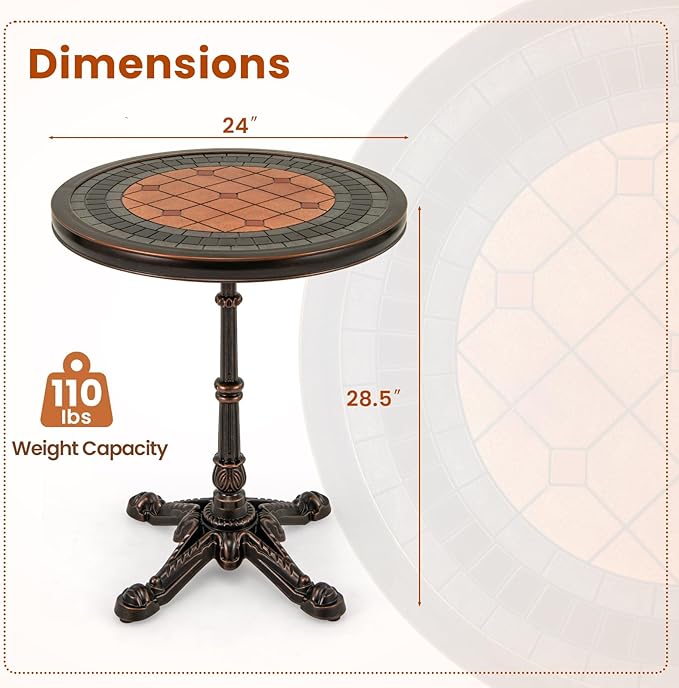 Tangkula 24" Round Patio Dining Table, Weather-Resistant Cast Aluminum Outdoor Table with Carved Texture & Painted Top, for Balcony, Garden, Backyard, Poolside
