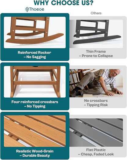 Oversized Rocking Chair Set of 8, Outdoor Rocking Chair for Adults, All Weather Resistant Porch Rocker for Lawn Garden, Wood