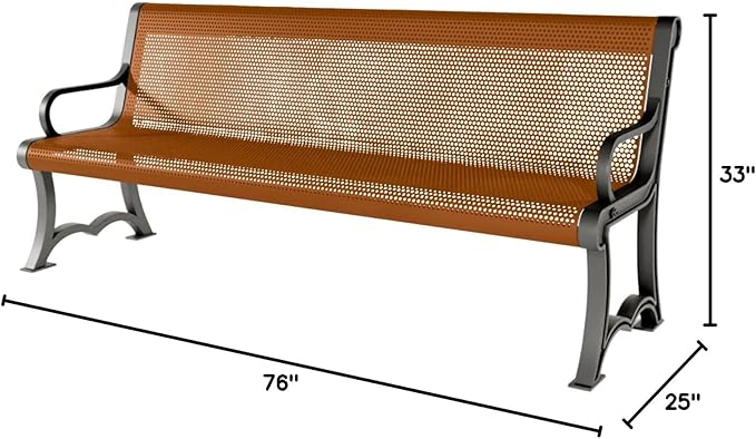 COATEDOUTDOORFURNITURE Heavy-Duty Outdoor Bench Thermoplastic Coated, Punched Steel, Commercial-Grade Garden Bench, Made in America (Portable with Back, 6 Ft, Textured Copper)