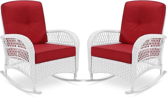 VIVIJASON 2 Piece Patio Wicker Rattan Rocker Chair, Outdoor Rattan Rocker Chair with Cushions & Steel Frame, All-Weather Rocking Lawn Wicker Furniture for Garden Backyard Porch (White Wicker/Red)