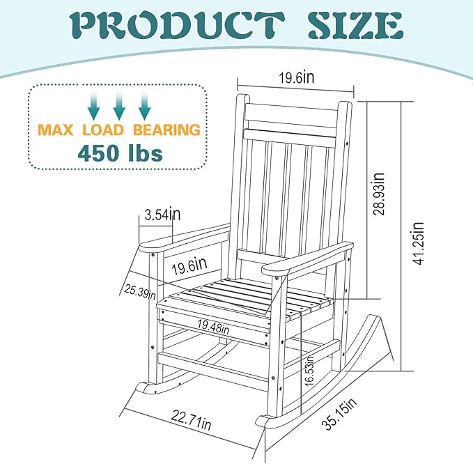 Outdoor Rocking Chair for Adults, High Back Patio Rocking Chair, HDPE All Weather Resistant Porch Rocker for Lawn, Porch, Backyard, Indoor and Garden (White)