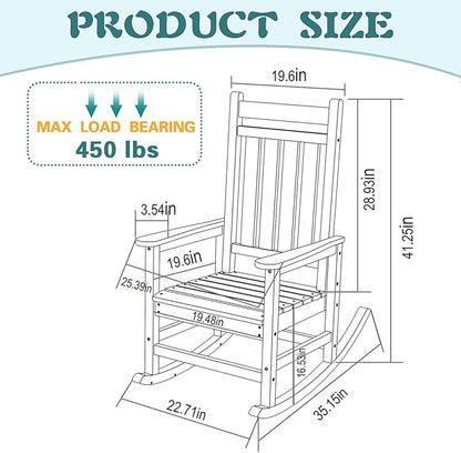 Outdoor Rocking Chair for Adults, High Back Patio Rocking Chair, HDPE All Weather Resistant Porch Rocker for Lawn, Porch, Backyard, Indoor and Garden (White)