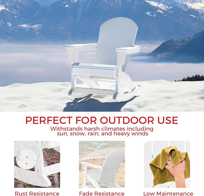 Costaelm Outdoor Adirondack Chair Set of 2, All Weather Resistant Classic Balcony Chair and Fire Pit Chairs, Plastic Outdoor Porch Furniture Rocking Chair High Back HDPE Poly Lumber, White