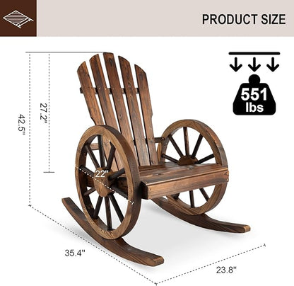 Outdoor Wood Rocking Chair Set of 2 - Patio Wagon Wheel Rocking Chair 2 PCS, Rustic Rocker Single Chairs for Country, Yard, Porch