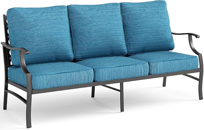 Metal Patio Furniture Sofa with 5.75" Extra Thick Waterproof Cushion, 3-Seater Deep Seating & High-Back Outdoor Couch All Weather Outdoor Seating for Backyard Deck Front Porch, Blue-2