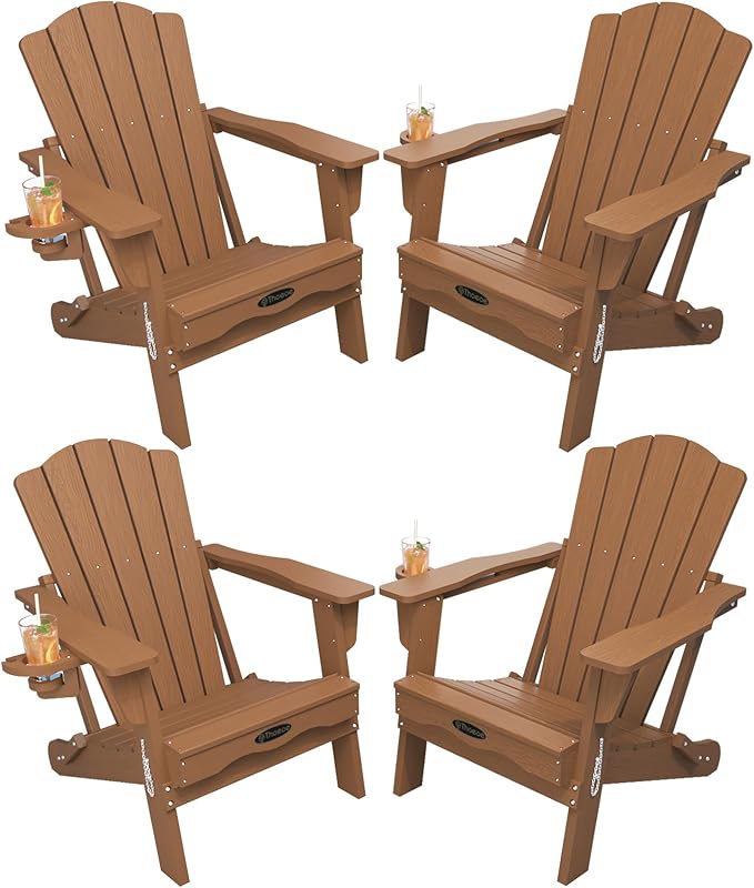 Folding Adirondack Chair Set of 4, HDPE All-Weather Outdoor Chair with Cup Holder, Wooden Textured, Fire Pit Chair - Photo 1
