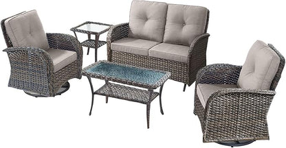 5 Pieces Patio Furniture Set-Outdoor Rocking Chairs Set of 2 Outdoor Glider Bench with Wicker Outdoor Coffee Table for Deck Lawn Porch Balcony Poolside-Brown/Beige