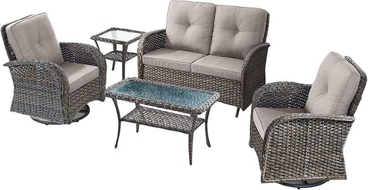 5 Pieces Patio Furniture Set-Outdoor Rocking Chairs Set of 2 Outdoor Glider Bench with Wicker Outdoor Coffee Table for Deck Lawn Porch Balcony Poolside-Brown/Beige
